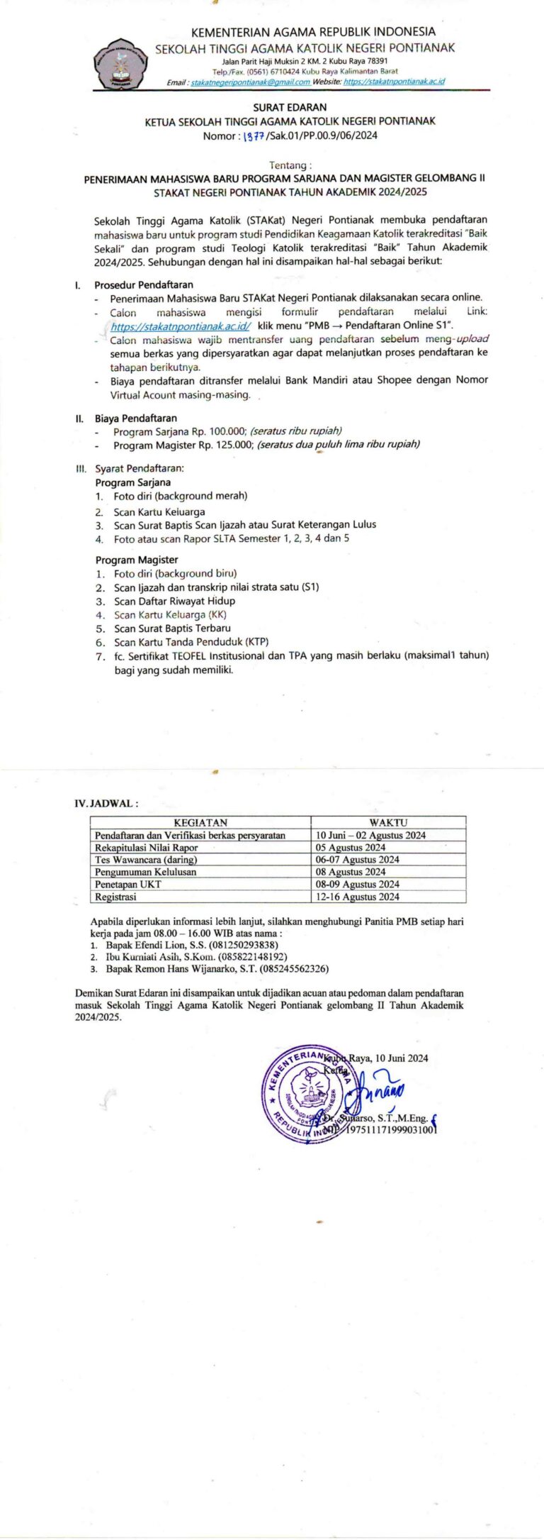 Surat Edaran Tentang Penerimaan Mahasiswa Baru Program Sarjana dan Magister Gelombang II STAKat Negeri Pontianak